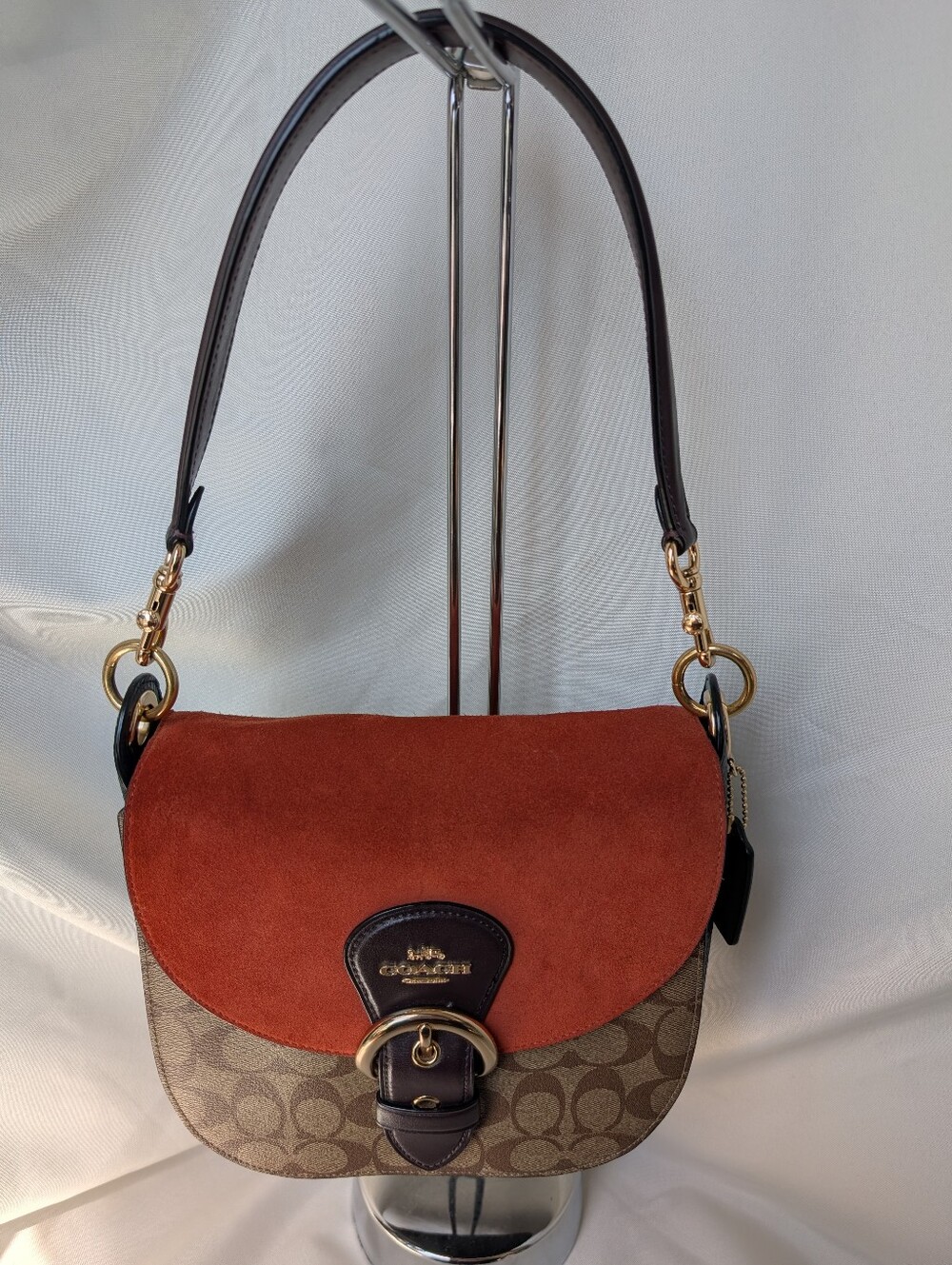 COACH Kleo Shoulder Bag 23 In Signature Canvas Suede Rust Brown C5692